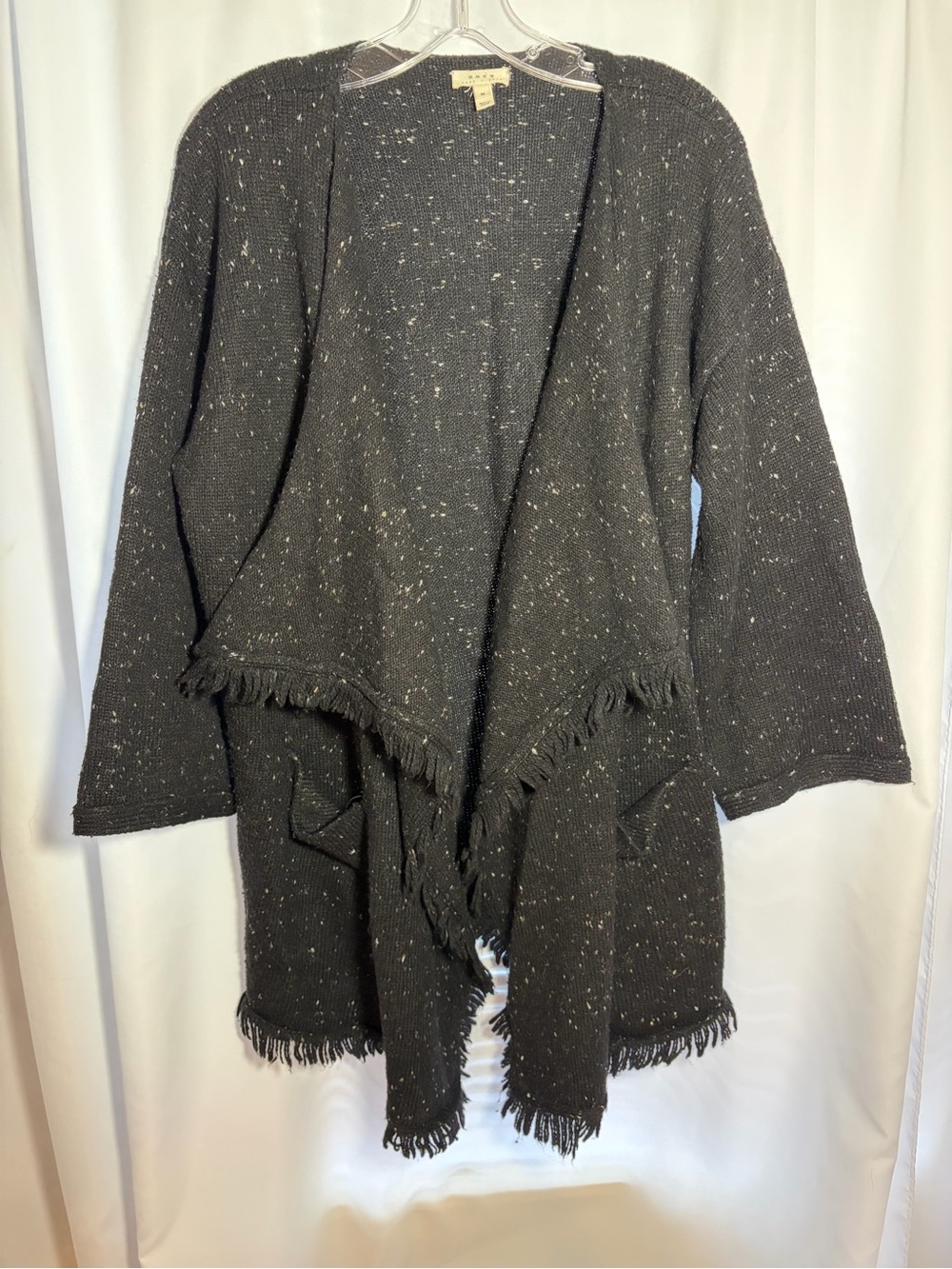 SOFT JOIE Black Speckled Open Front with Fringe Cardigan Sweater size M